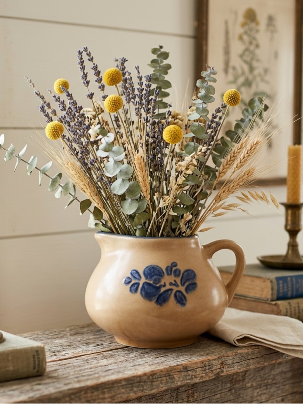Ceramic Pitcher/ Vase – Rustic Stoneware w/ Blue Folk Design